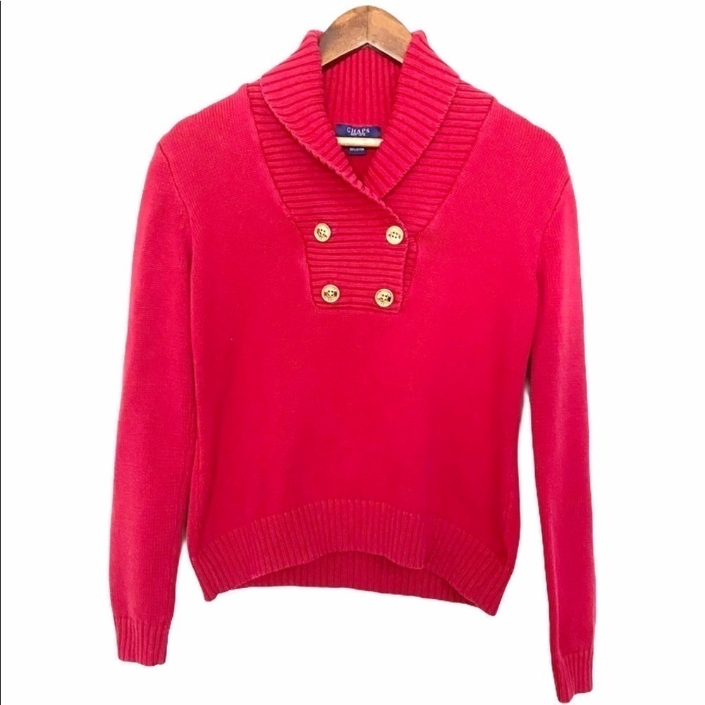 Chaps Nautical Gold Button Red Long Sleeve Sweater